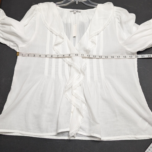 Madewell White Pintucked Ruffled V-Neck Puff-Sleeve Button Front Top Size Large - Picture 9 of 12